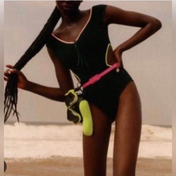 Zara black neon trim cut out front zip v-back‎ one piece swimsuit size small new - Picture 1 of 8